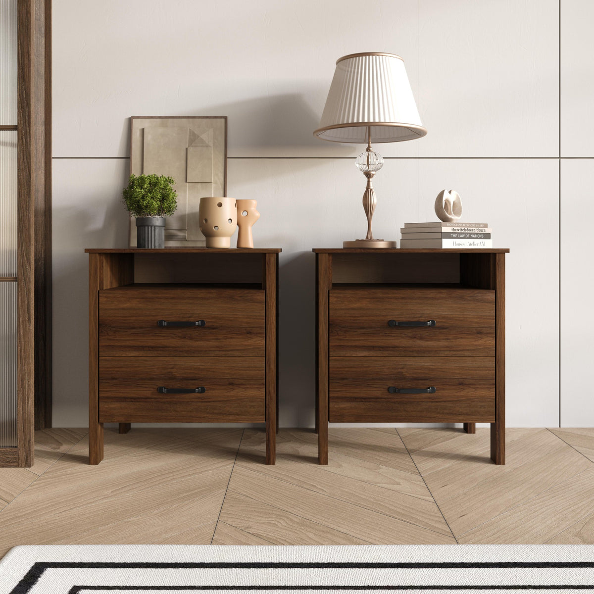 Home Design Alamosa Nightstand with Two Drawers and Open Shelf, Space-Saving Design (Set of 2)
