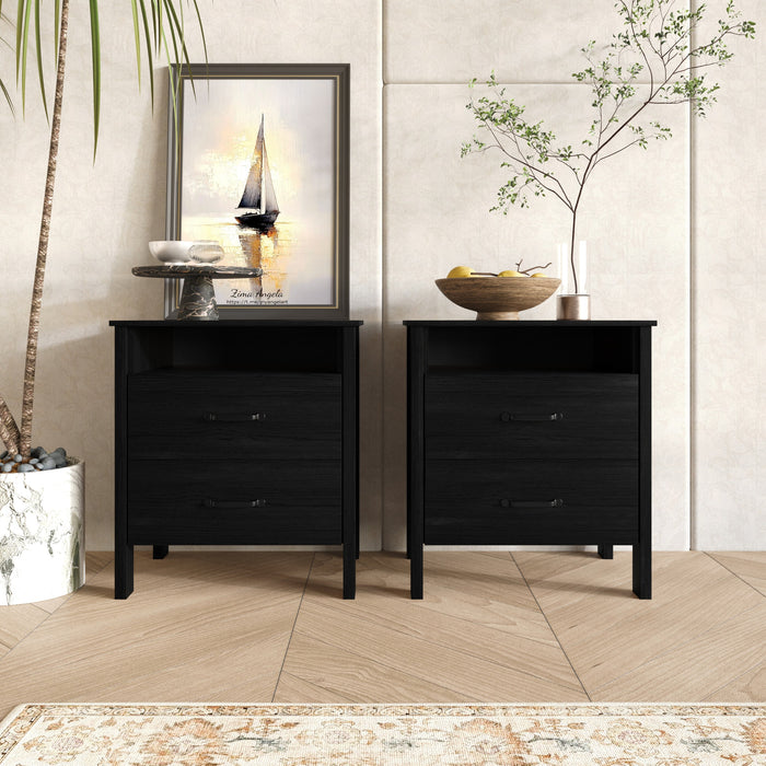 Alamosa Nightstand with Two Drawers and Open Shelf, Space-Saving Design (Set of 2)