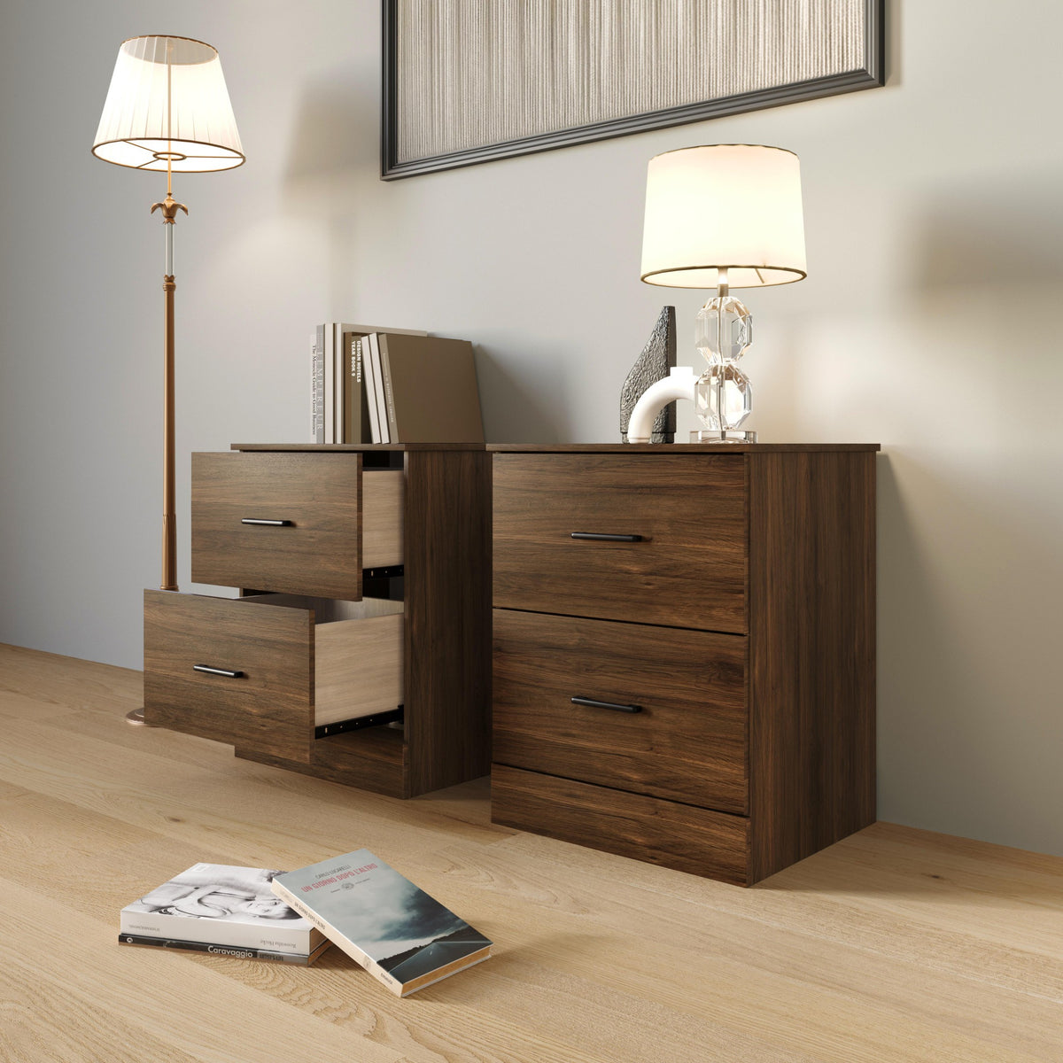 Home Design Meriden Nightstand with 2 Storage Drawers and Wood-Look Finish, Space-Saving Design (Set of 2)