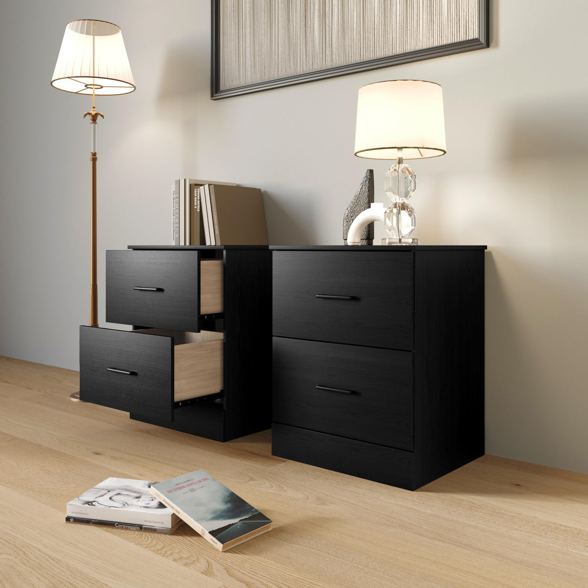Home Design Meriden Nightstand with 2 Storage Drawers and Wood-Look Finish, Space-Saving Design (Set of 2)