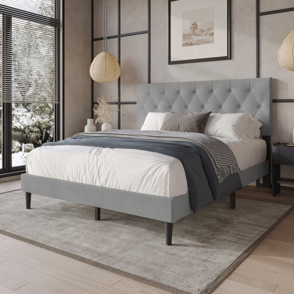 Coventry Tufted Upholstered Platform Bed, Adjustable Headboard Height, No Box Spring Required