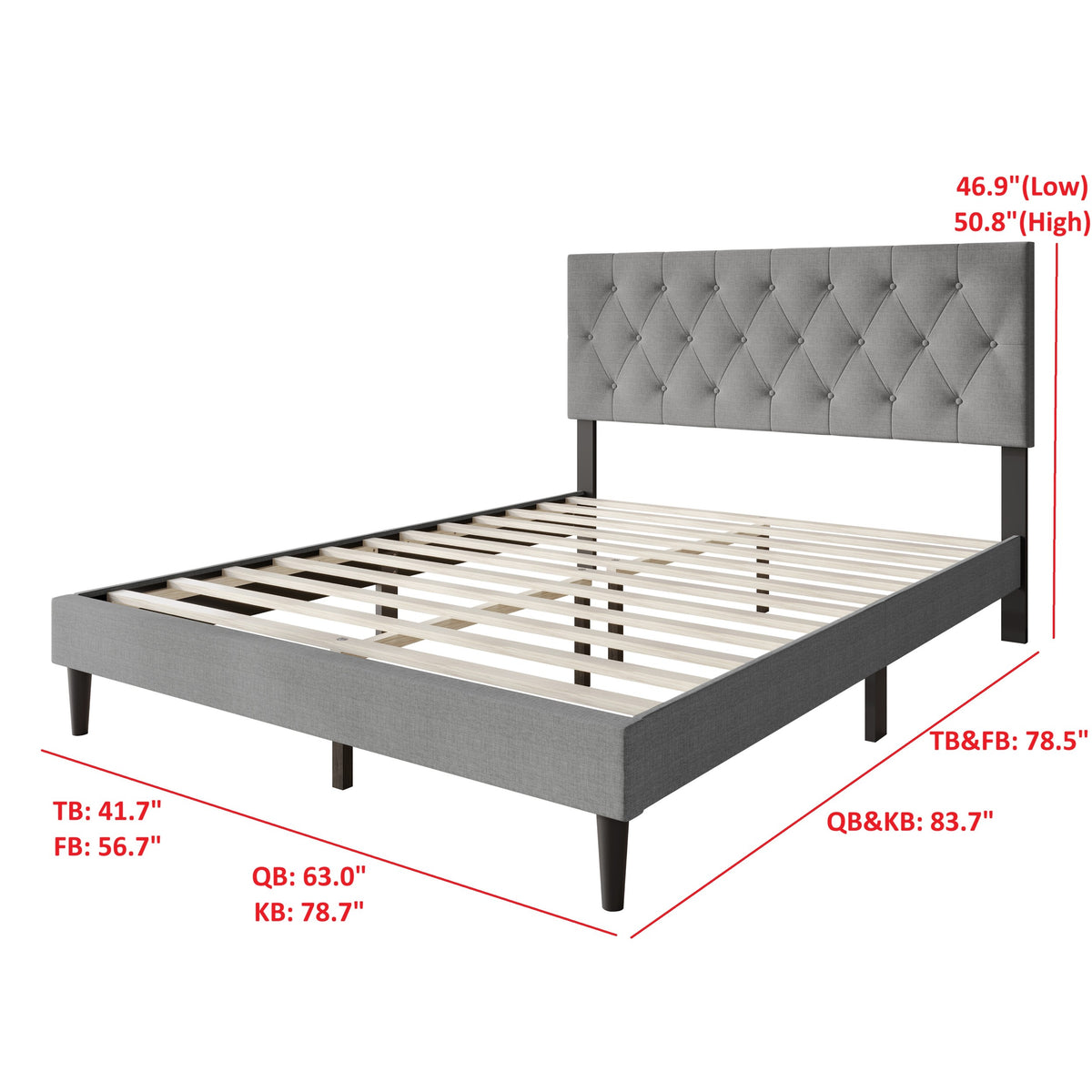 Coventry Tufted Upholstered Platform Bed, Adjustable Headboard Height, No Box Spring Required