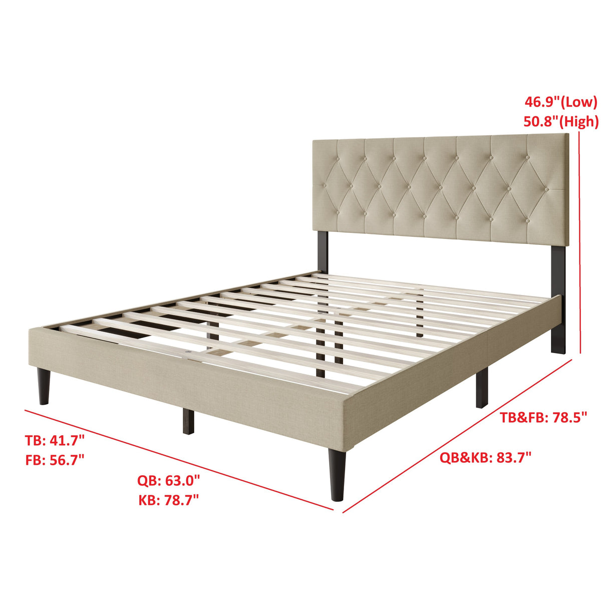 Coventry Tufted Upholstered Platform Bed, Adjustable Headboard Height, No Box Spring Required