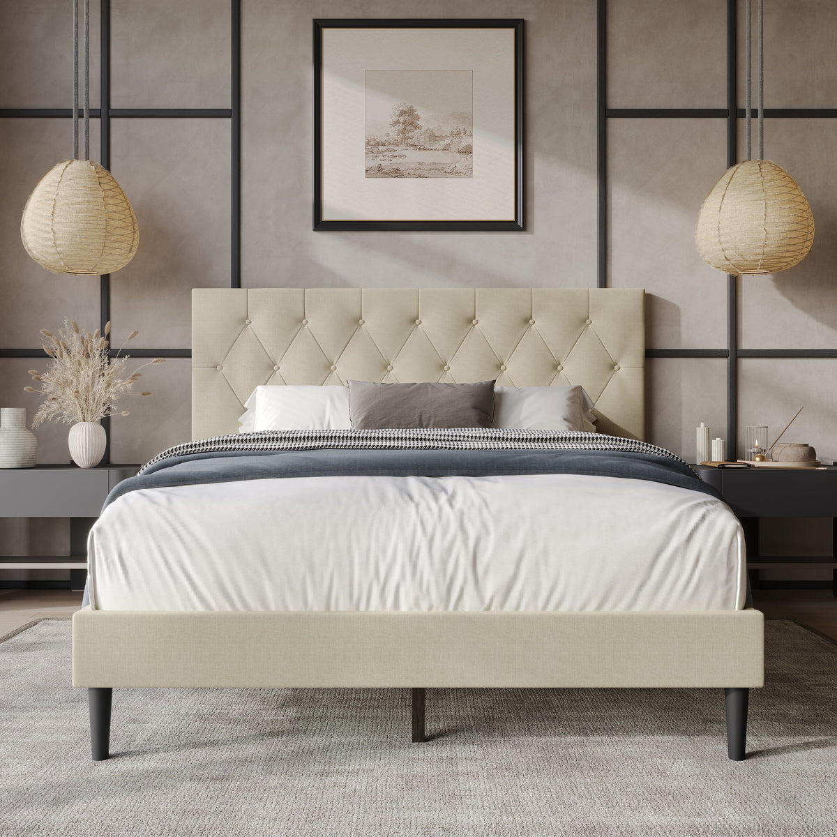 Coventry Tufted Upholstered Platform Bed, Adjustable Headboard Height, No Box Spring Required