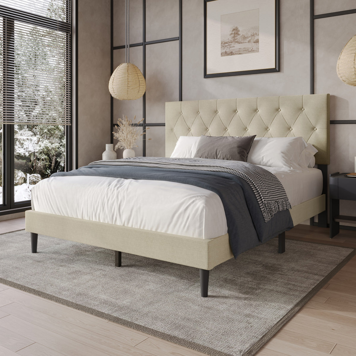 Coventry Tufted Upholstered Platform Bed, Adjustable Headboard Height, No Box Spring Required