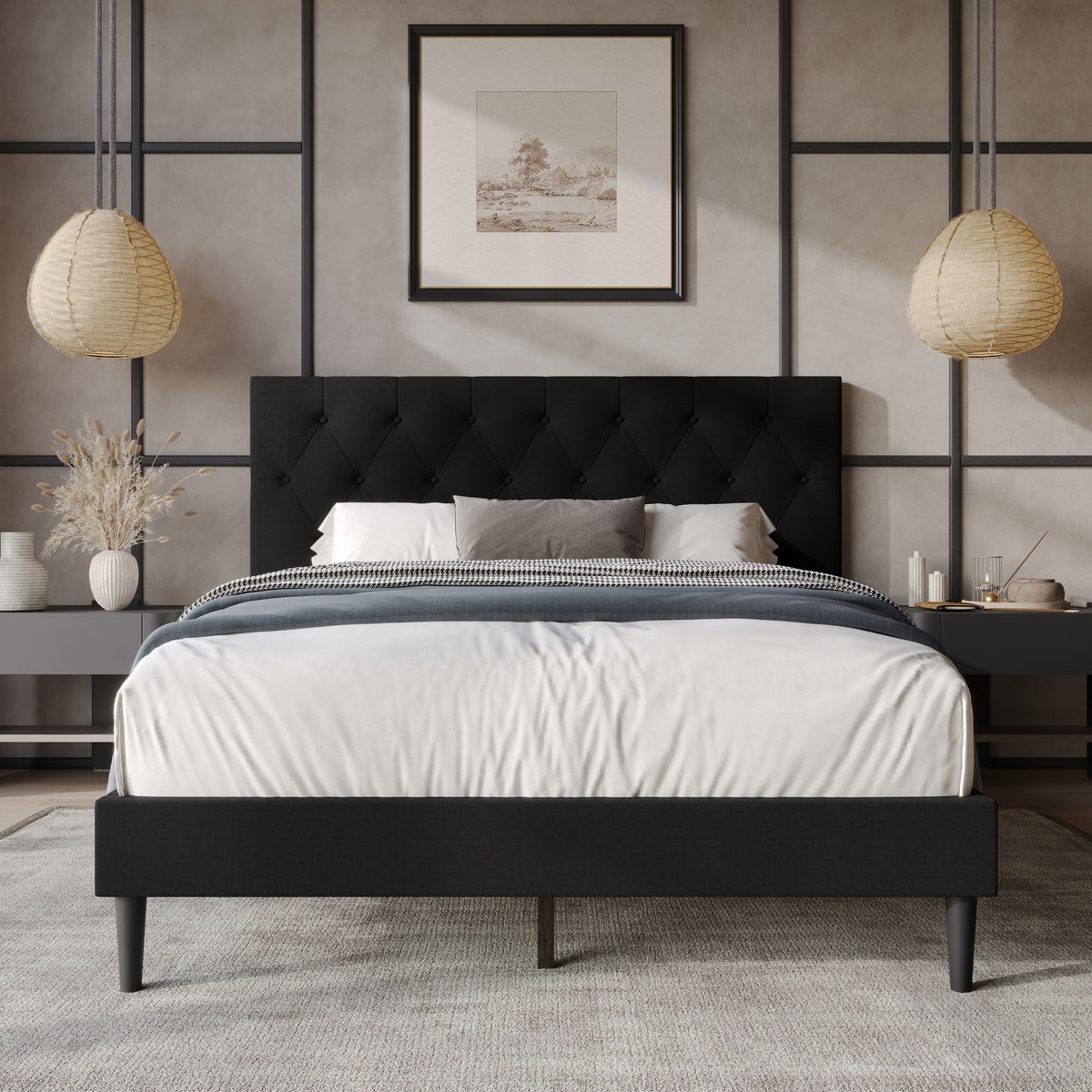 Coventry Tufted Upholstered Platform Bed, Adjustable Headboard Height, No Box Spring Required