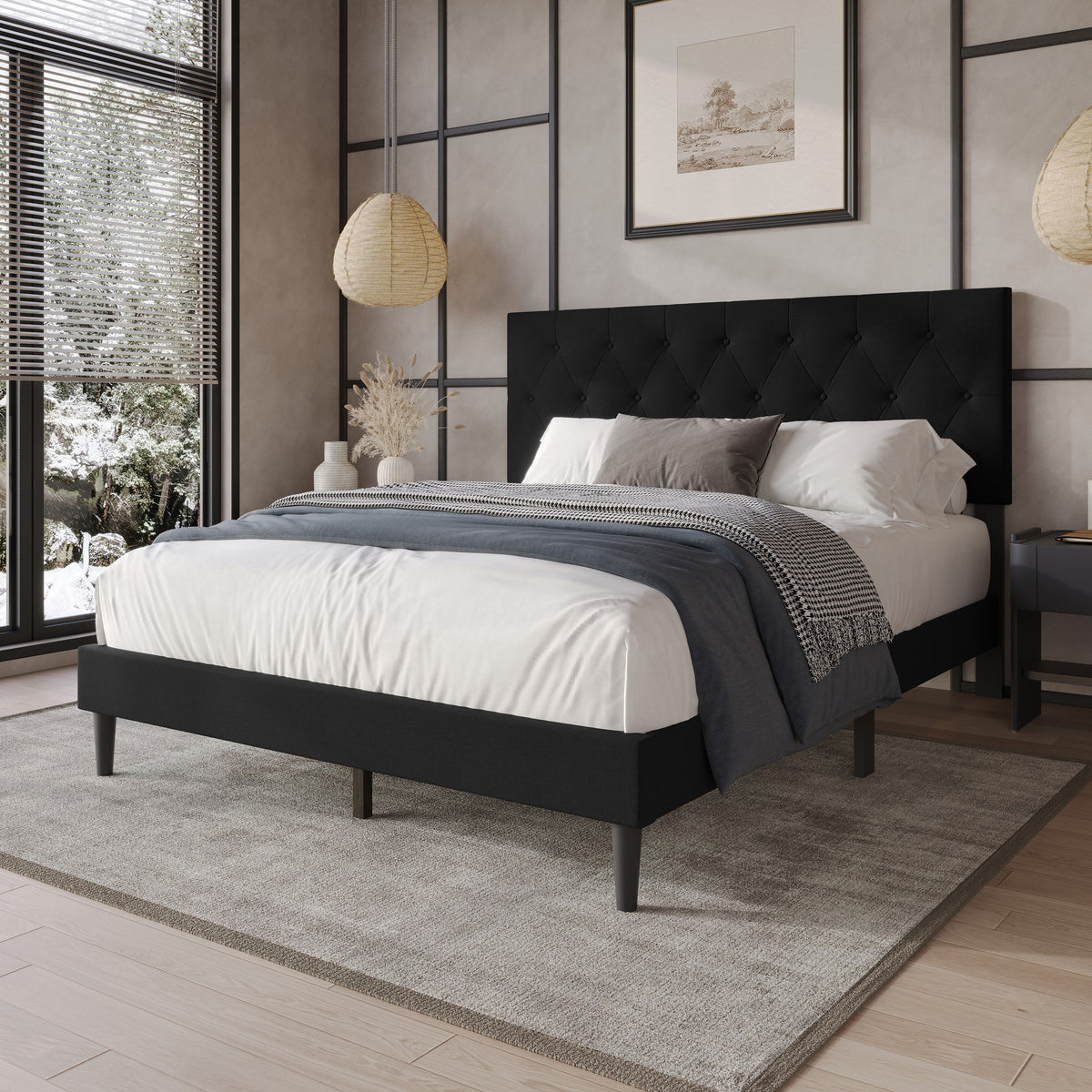 Coventry Tufted Upholstered Platform Bed, Adjustable Headboard Height, No Box Spring Required