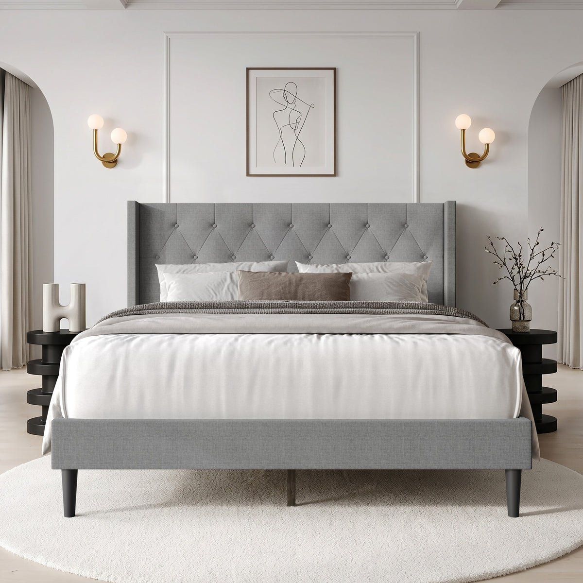 Hamden Tufted Upholstered Wingback Platform Bed Frame with Button-Tufted Headboard, No Box Spring Required