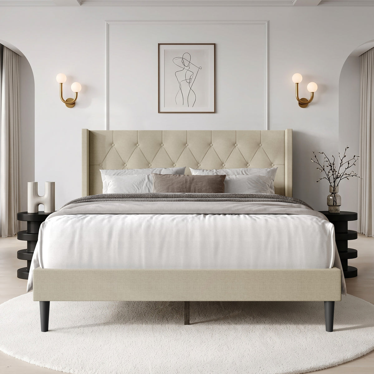 Hamden Tufted Upholstered Wingback Platform Bed Frame with Button-Tufted Headboard, No Box Spring Required