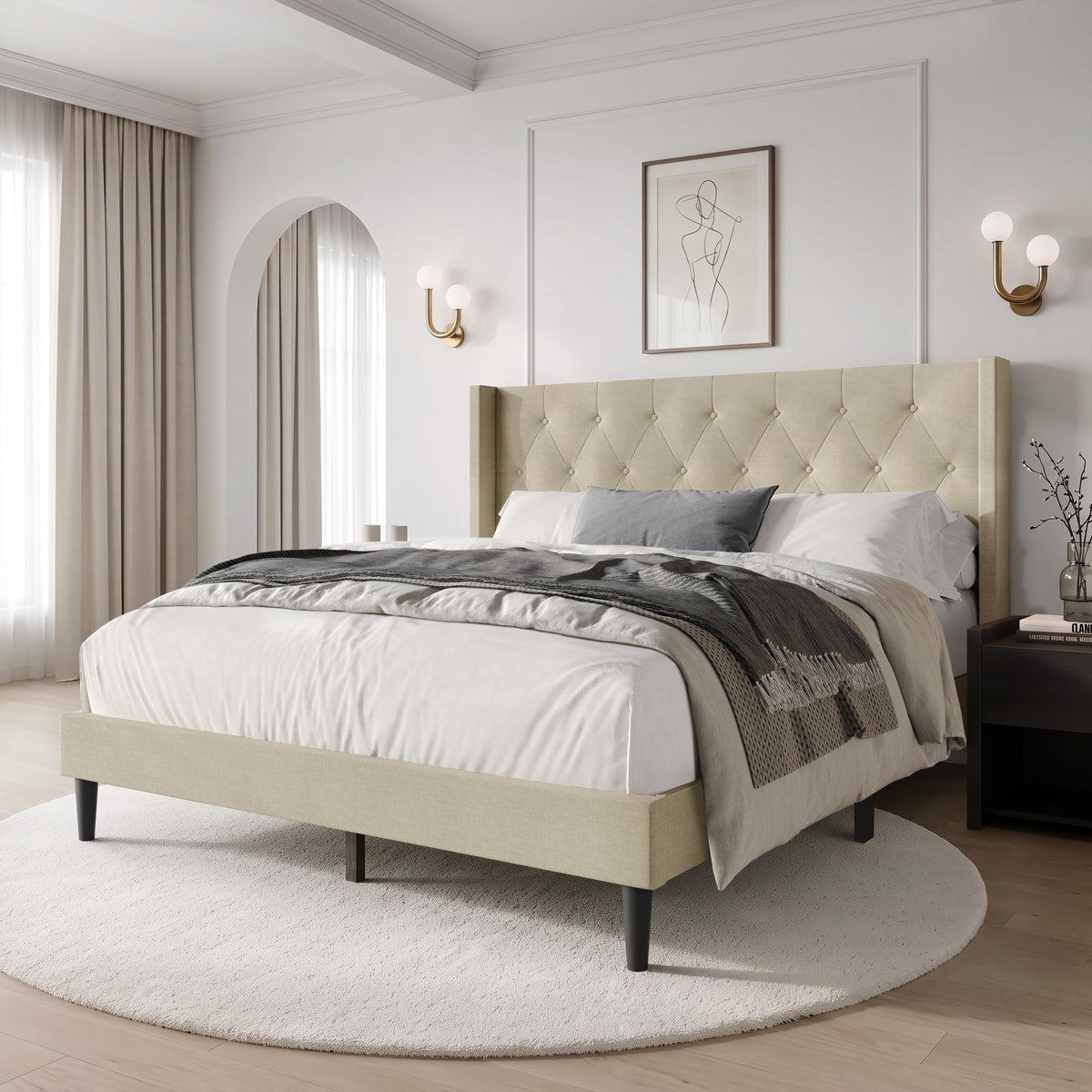 Hamden Tufted Upholstered Wingback Platform Bed Frame with Button-Tufted Headboard, No Box Spring Required