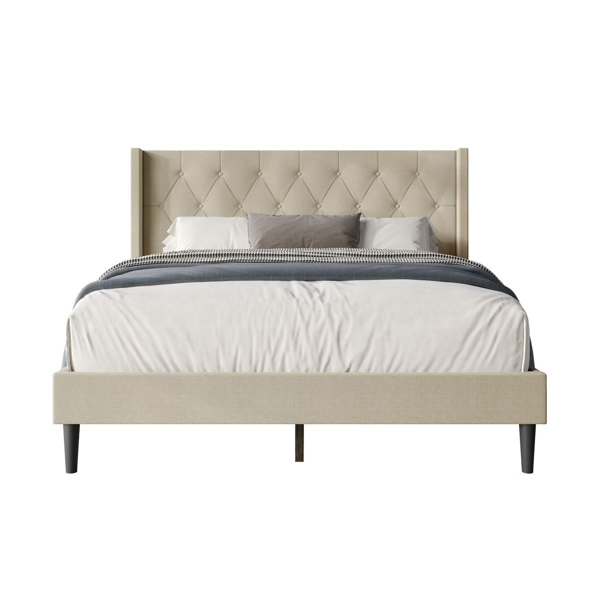 Hamden Tufted Upholstered Wingback Platform Bed Frame with Button-Tufted Headboard, No Box Spring Required