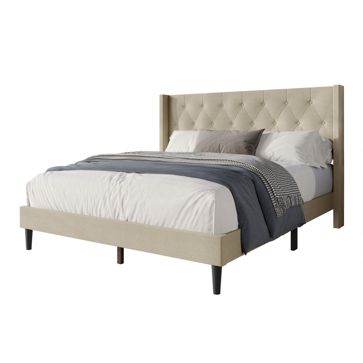 Hamden Tufted Upholstered Wingback Platform Bed Frame with Button-Tufted Headboard, No Box Spring Required