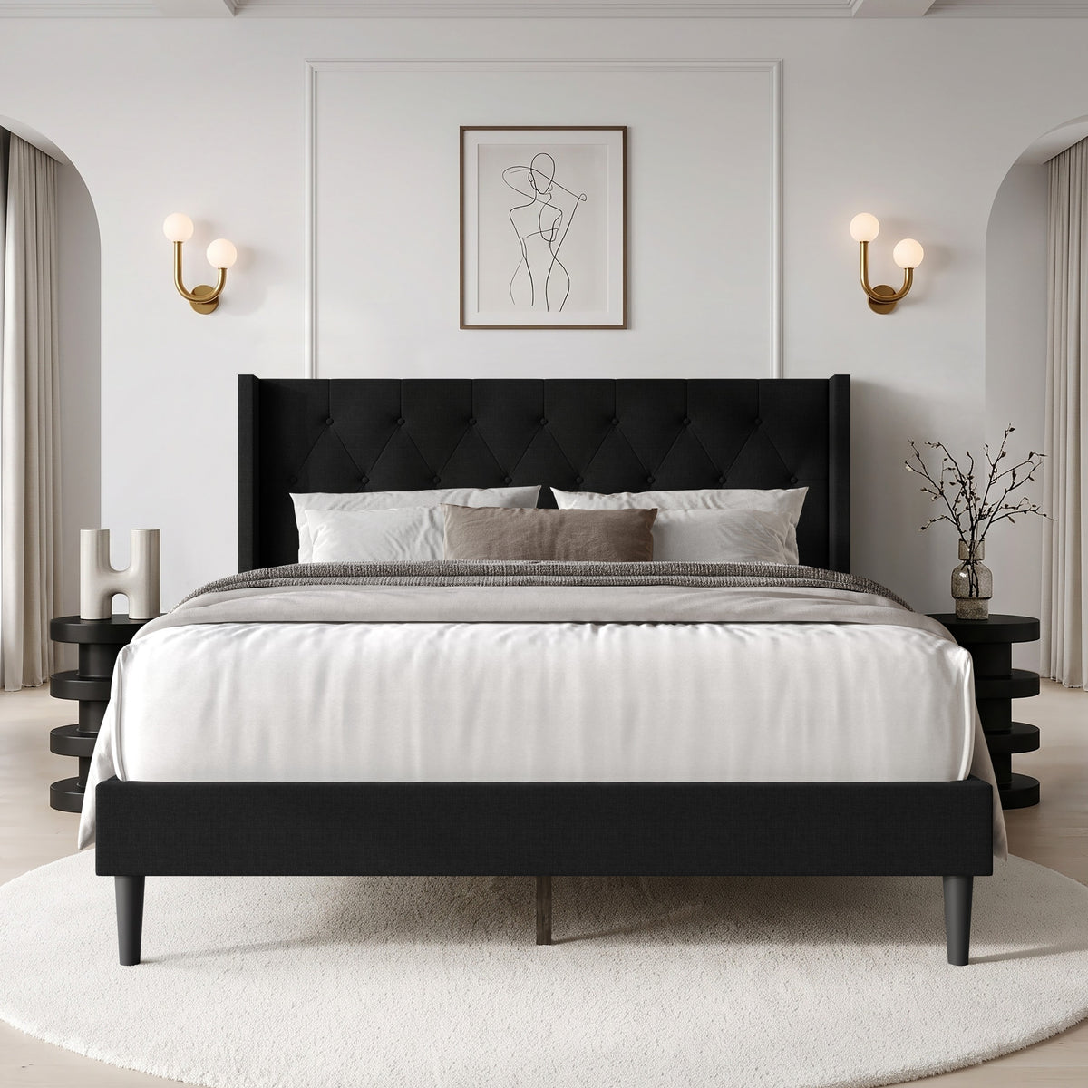 Hamden Tufted Upholstered Wingback Platform Bed Frame with Button-Tufted Headboard, No Box Spring Required