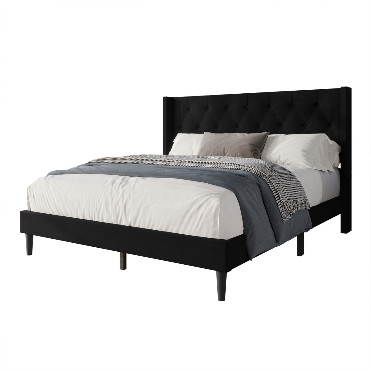 Hamden Tufted Upholstered Wingback Platform Bed Frame with Button-Tufted Headboard, No Box Spring Required