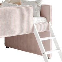 Home Design Oneida Twin Upholstered Loft Bed with Slide and Ladder, Corduroy Fabric, Space-Saving Kids Bed, Pink