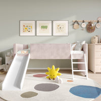 Home Design Oneida Twin Upholstered Loft Bed with Slide and Ladder, Corduroy Fabric, Space-Saving Kids Bed, Pink