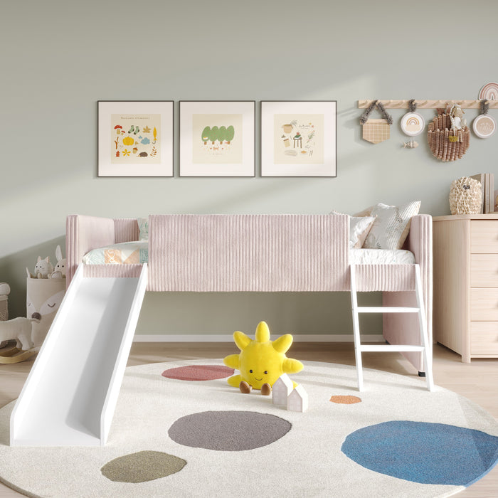 Oneida Twin Upholstered Loft Bed with Slide and Ladder, Corduroy Fabric, Space-Saving Kids Bed, Pink