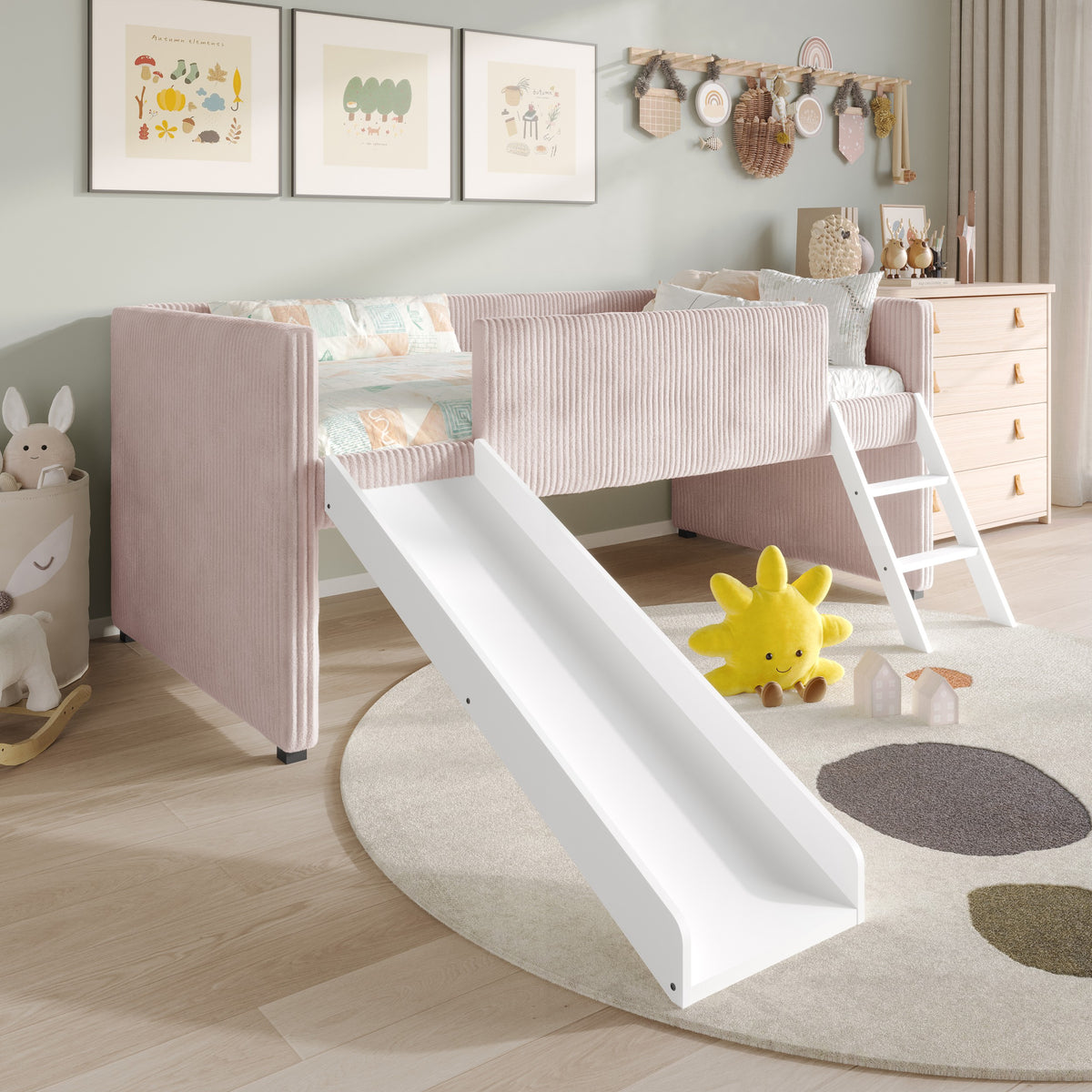 Home Design Oneida Twin Upholstered Loft Bed with Slide and Ladder, Corduroy Fabric, Space-Saving Kids Bed, Pink