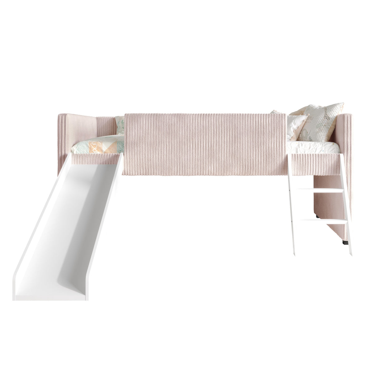 Home Design Oneida Twin Upholstered Loft Bed with Slide and Ladder, Corduroy Fabric, Space-Saving Kids Bed, Pink