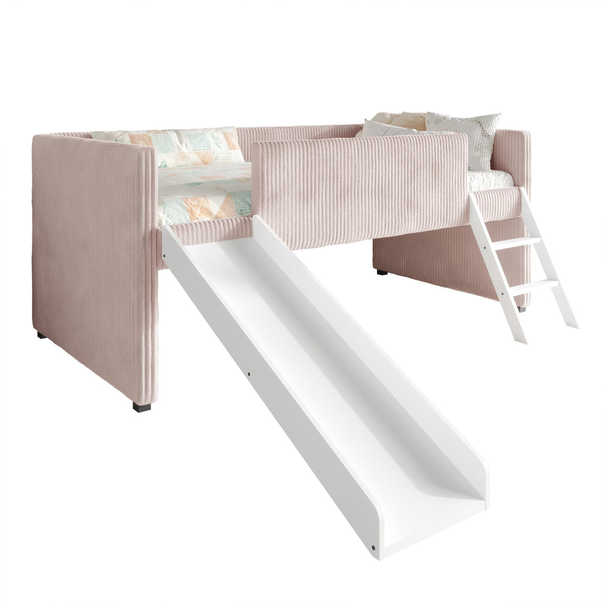 Home Design Oneida Twin Upholstered Loft Bed with Slide and Ladder, Corduroy Fabric, Space-Saving Kids Bed, Pink
