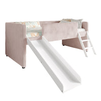 Home Design Oneida Twin Upholstered Loft Bed with Slide and Ladder, Corduroy Fabric, Space-Saving Kids Bed, Pink