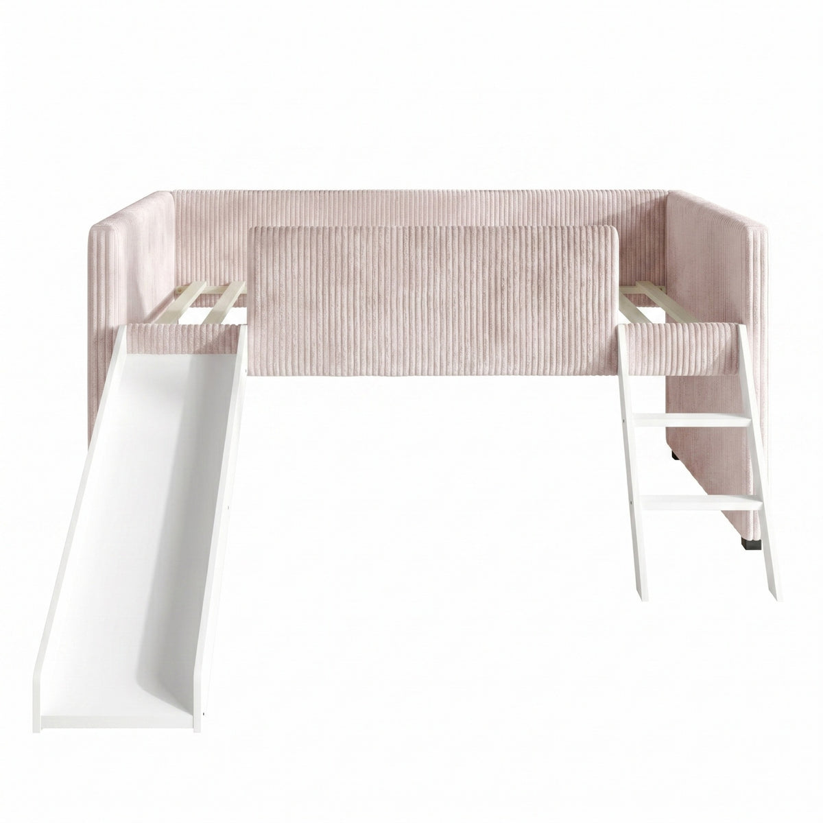 Home Design Oneida Twin Upholstered Loft Bed with Slide and Ladder, Corduroy Fabric, Space-Saving Kids Bed, Pink