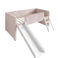 Home Design Oneida Twin Upholstered Loft Bed with Slide and Ladder, Corduroy Fabric, Space-Saving Kids Bed, Pink