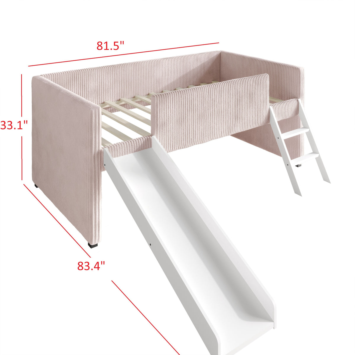 Home Design Oneida Twin Upholstered Loft Bed with Slide and Ladder, Corduroy Fabric, Space-Saving Kids Bed, Pink