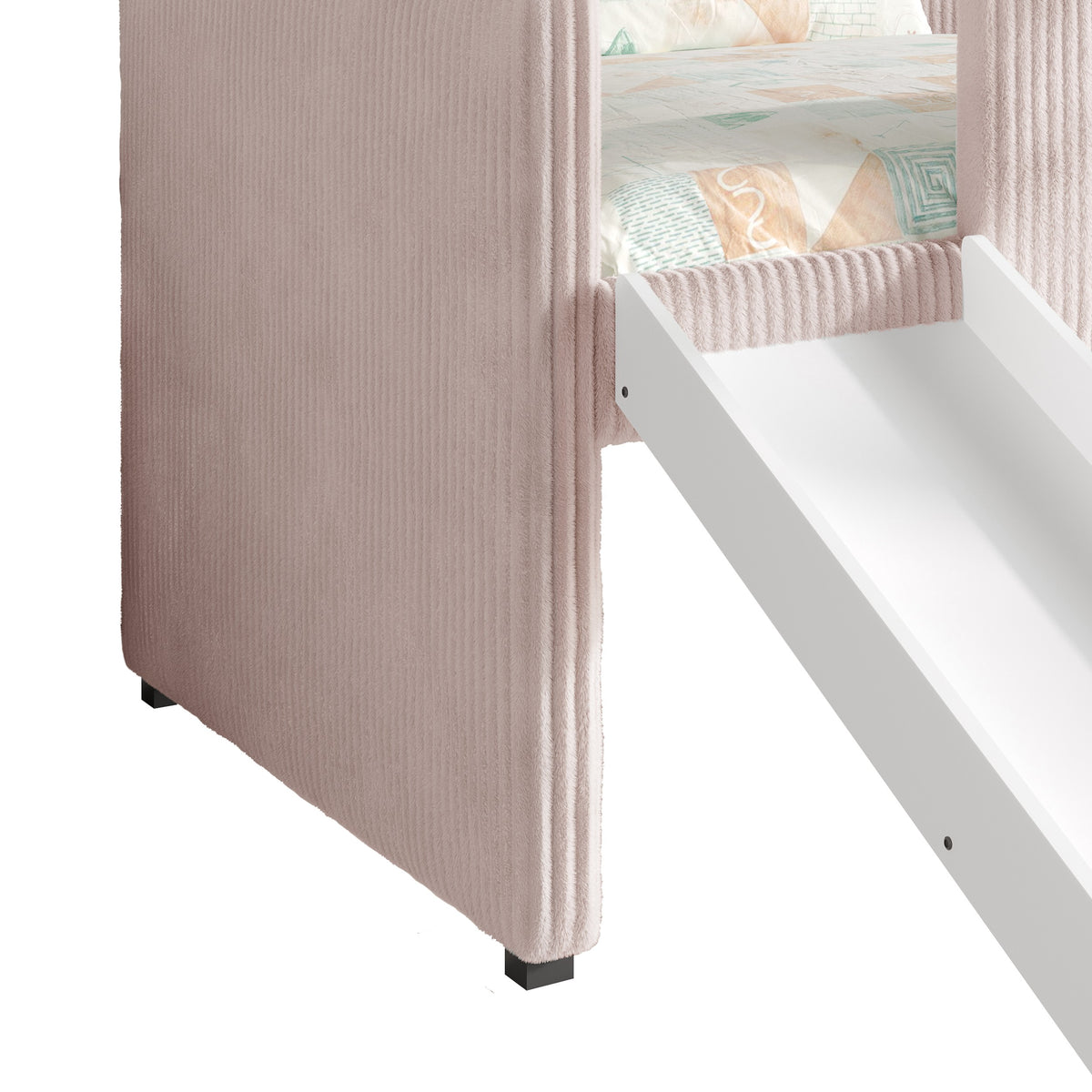 Home Design Oneida Twin Upholstered Loft Bed with Slide and Ladder, Corduroy Fabric, Space-Saving Kids Bed, Pink