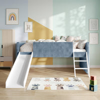 Totowa Kids Upholstered Low Loft Bed with Slide & Ladder, Soft Corduroy Fabric Twin Loft Bed for Boys & Girls, Light Blue
