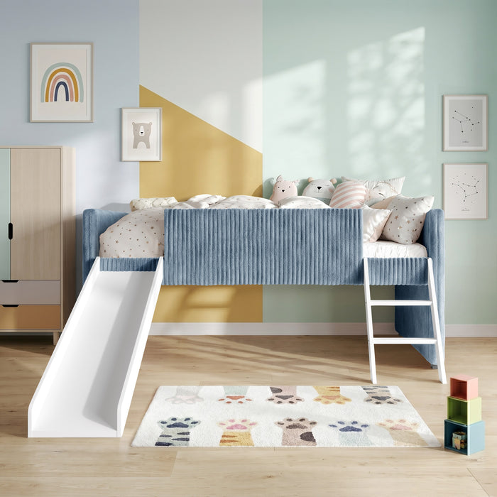 Totowa Kids Upholstered Low Loft Bed with Slide & Ladder, Soft Corduroy Fabric Twin Loft Bed for Boys & Girls, Light Blue