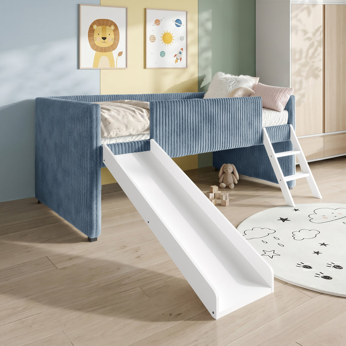 Totowa Kids Upholstered Low Loft Bed with Slide & Ladder, Soft Corduroy Fabric Twin Loft Bed for Boys & Girls, Light Blue