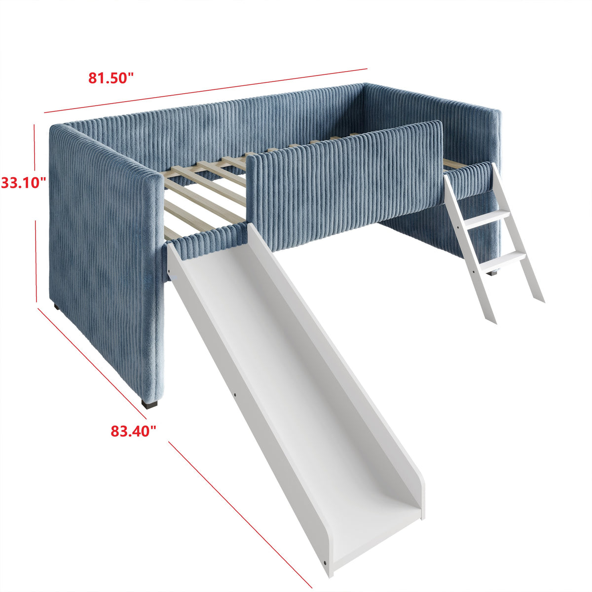 Totowa Kids Upholstered Low Loft Bed with Slide & Ladder, Soft Corduroy Fabric Twin Loft Bed for Boys & Girls, Light Blue