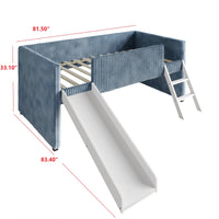 Totowa Kids Upholstered Low Loft Bed with Slide & Ladder, Soft Corduroy Fabric Twin Loft Bed for Boys & Girls, Light Blue
