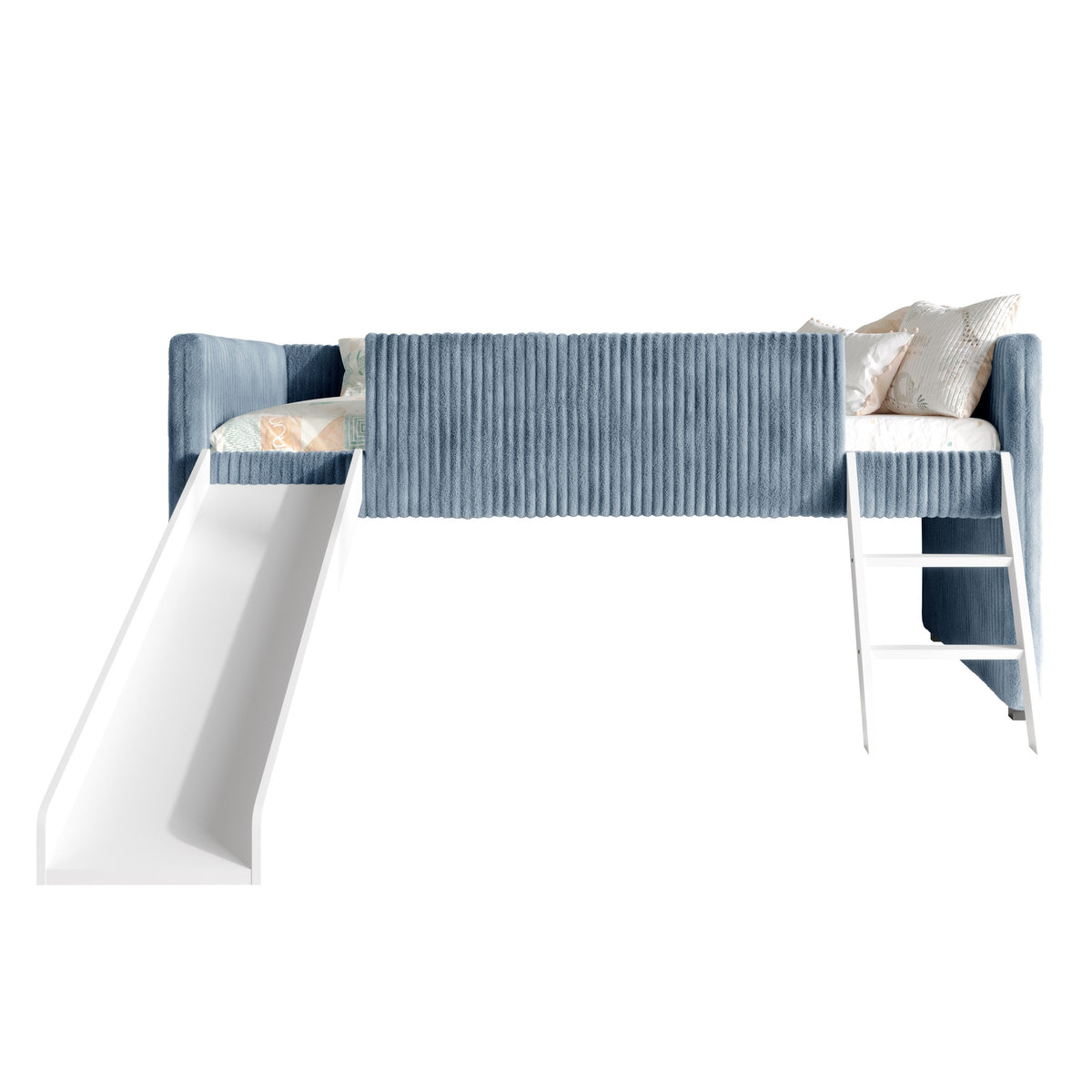 Totowa Kids Upholstered Low Loft Bed with Slide & Ladder, Soft Corduroy Fabric Twin Loft Bed for Boys & Girls, Light Blue
