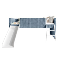 Totowa Kids Upholstered Low Loft Bed with Slide & Ladder, Soft Corduroy Fabric Twin Loft Bed for Boys & Girls, Light Blue