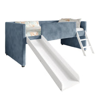 Totowa Kids Upholstered Low Loft Bed with Slide & Ladder, Soft Corduroy Fabric Twin Loft Bed for Boys & Girls, Light Blue