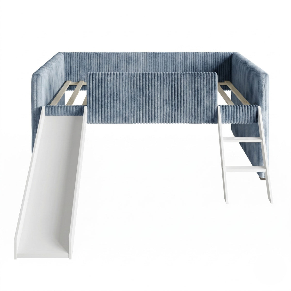 Totowa Kids Upholstered Low Loft Bed with Slide & Ladder, Soft Corduroy Fabric Twin Loft Bed for Boys & Girls, Light Blue