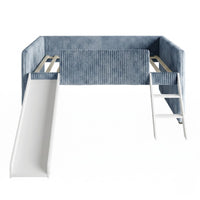 Totowa Kids Upholstered Low Loft Bed with Slide & Ladder, Soft Corduroy Fabric Twin Loft Bed for Boys & Girls, Light Blue