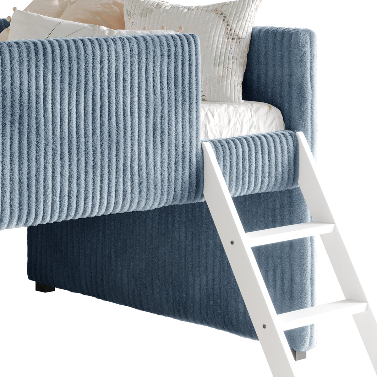 Totowa Kids Upholstered Low Loft Bed with Slide & Ladder, Soft Corduroy Fabric Twin Loft Bed for Boys & Girls, Light Blue