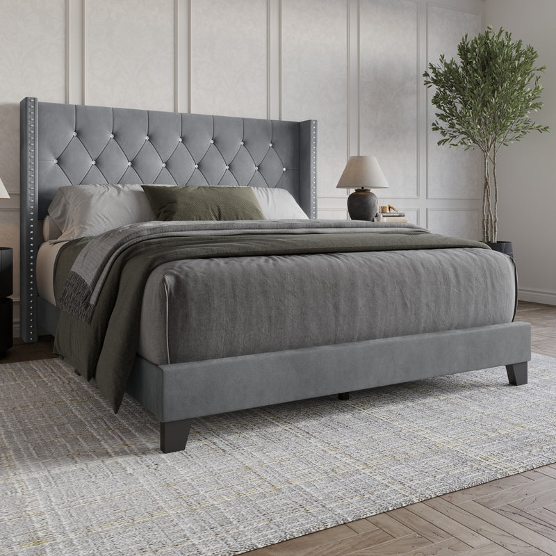 Home Design Monroe Tufted Upholstered Wingback Panel Bed Frame