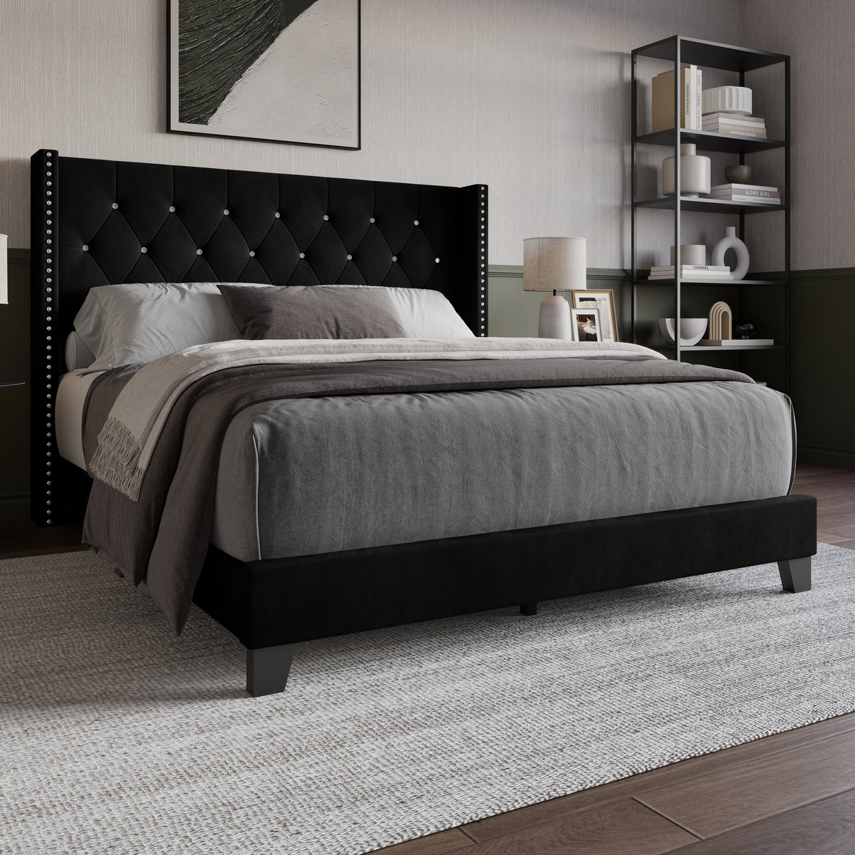 Home Design Monroe Tufted Upholstered Wingback Panel Bed Frame