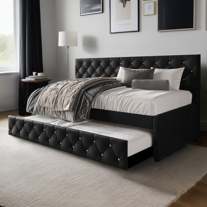 Home Design Darcey Luxurious Velvet Upholstered Daybed with Pull-Out Trundle, Diamond Button Tufted, Easy Assembly
