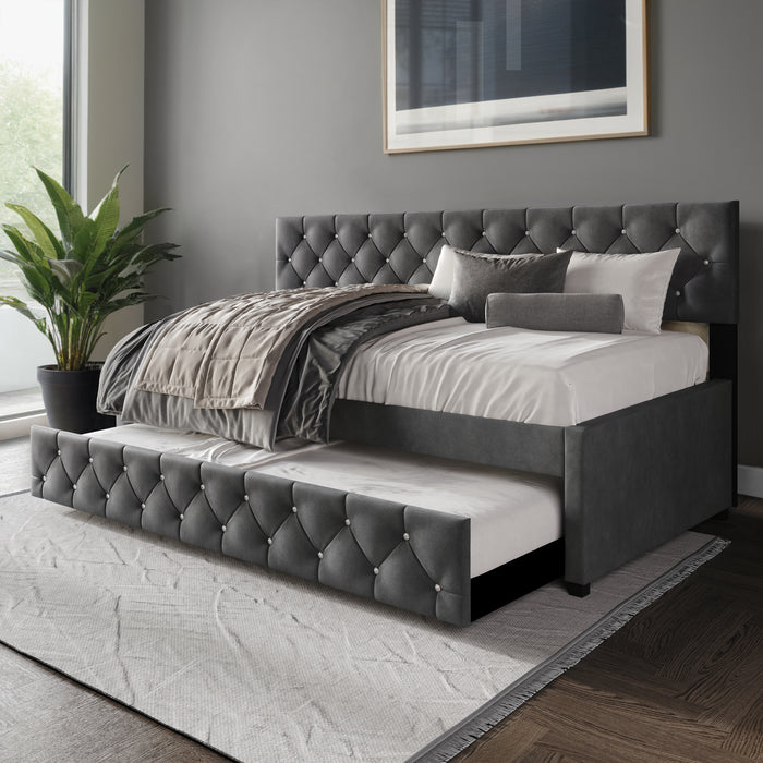 Home Design Darcey Luxurious Velvet Upholstered Daybed with Pull-Out Trundle, Diamond Button Tufted, Easy Assembly