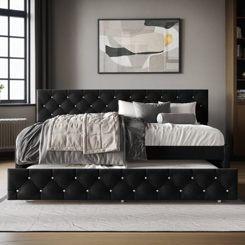 Home Design Darcey Luxurious Velvet Upholstered Daybed with Pull-Out Trundle, Diamond Button Tufted, Easy Assembly