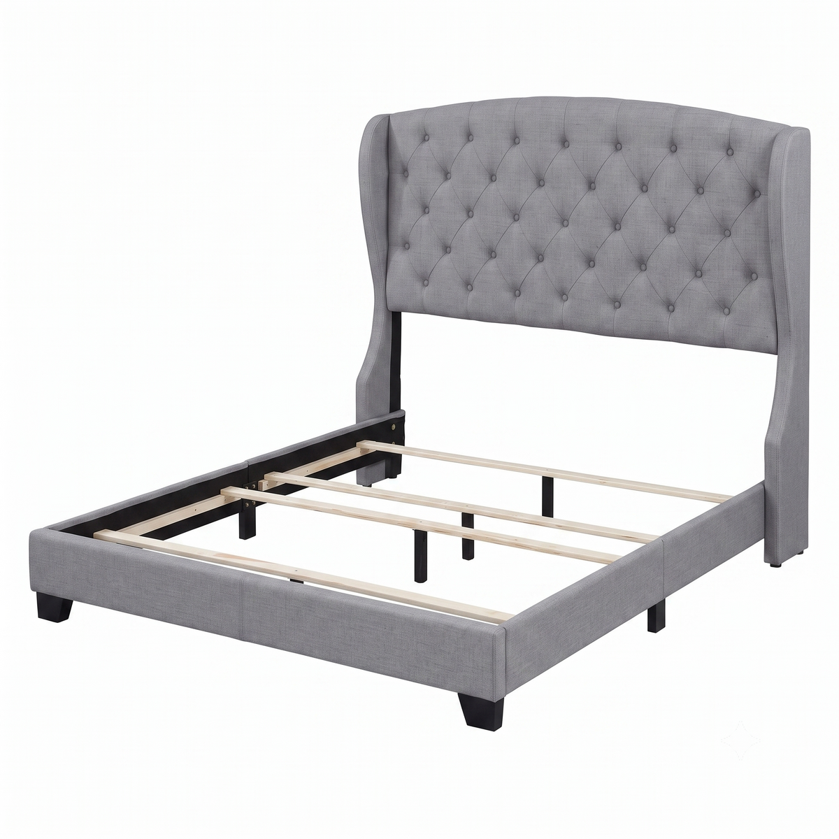 Natick Queen Upholstered Wingback Panel Bed Frame with Tufted Headboard