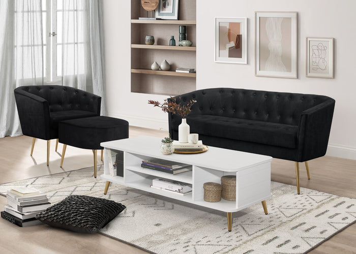 Cassy Velvet Flared Arm 4-Piece Living Room Set with Armchair, Ottoman, Loveseat, and Storage Coffee Table, Black