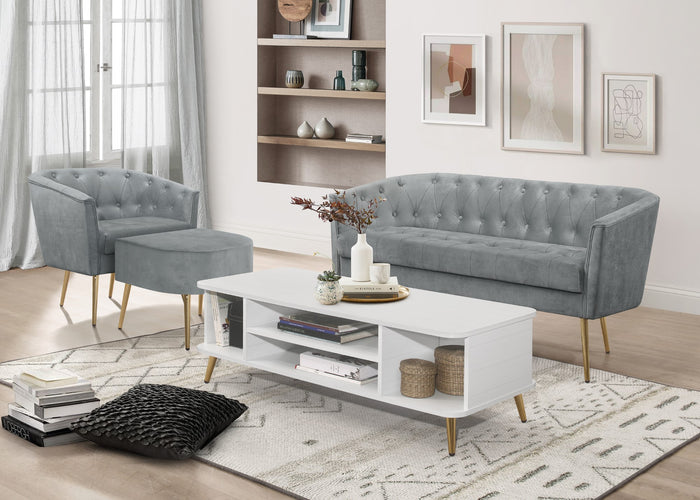 Cassy Velvet Flared Arm 4-Piece Living Room Set with Armchair, Ottoman, Loveseat, and Storage Coffee Table, Gray