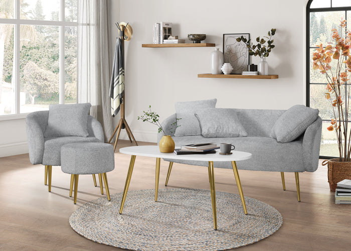 Home Design Molly 4-Piece Boucle Fabric Armchair with Ottoman, Loveseat with 4 Throw Pillows, and Coffee Table Living Room Furniture Set, Gray