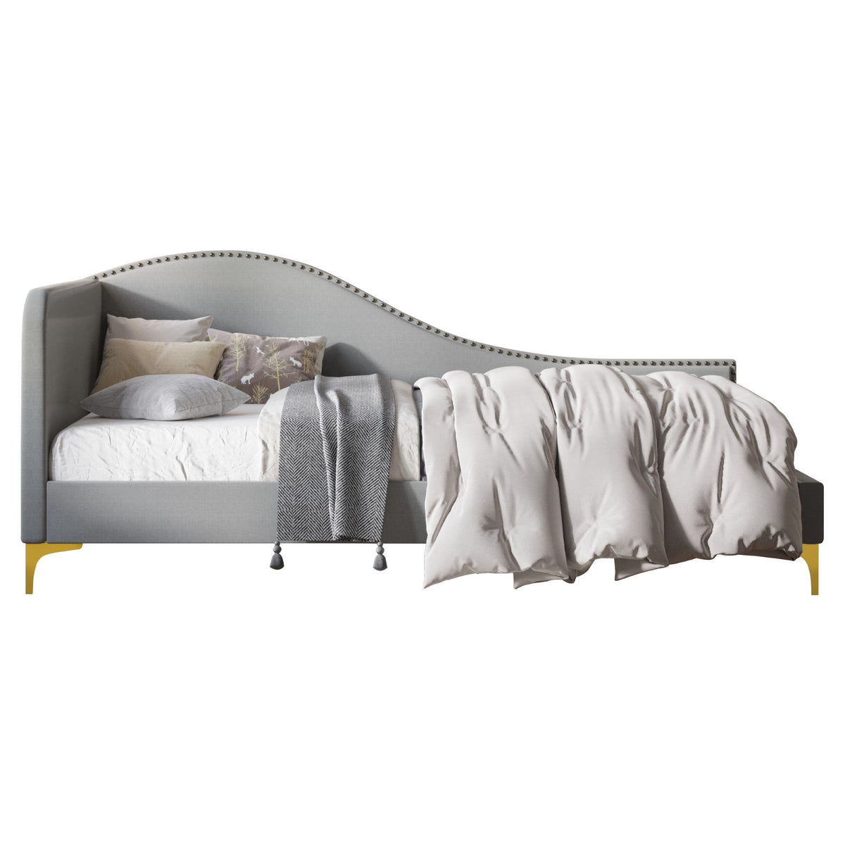 Home Design Lorettta Upholstered Daybed with Sloped Back and High Arm, Nailhead Trim – Adult Guest Room, Bedroom, and Living Room, Easy Assembly